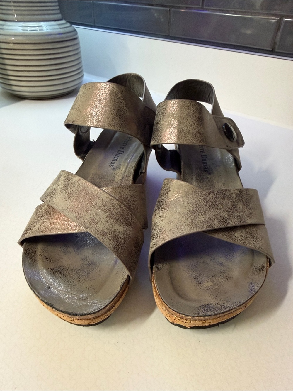 Pierre Dumas Metallic Taupe Leather Sandal - Women's